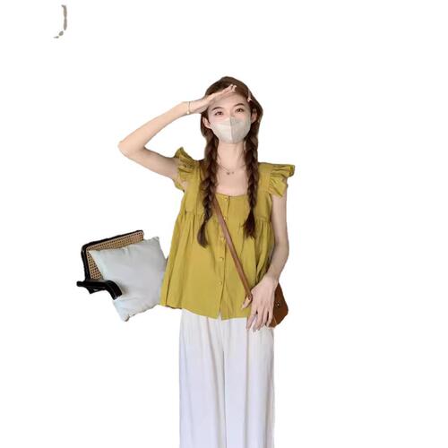 Hot girl 2025 plaid solid color exposed navel new square collar shirt chiffon French short Feifei sleeves short-sleeved summer dress