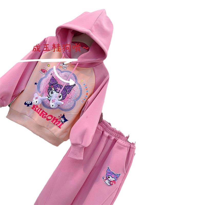 소녀의 가을과 겨울 기모 중년 어린이 및 어린이 인터넷을위한 서양식 세트 유행하는  소녀의 투피스 쿨로 미 땀 세트를 축하합니다.