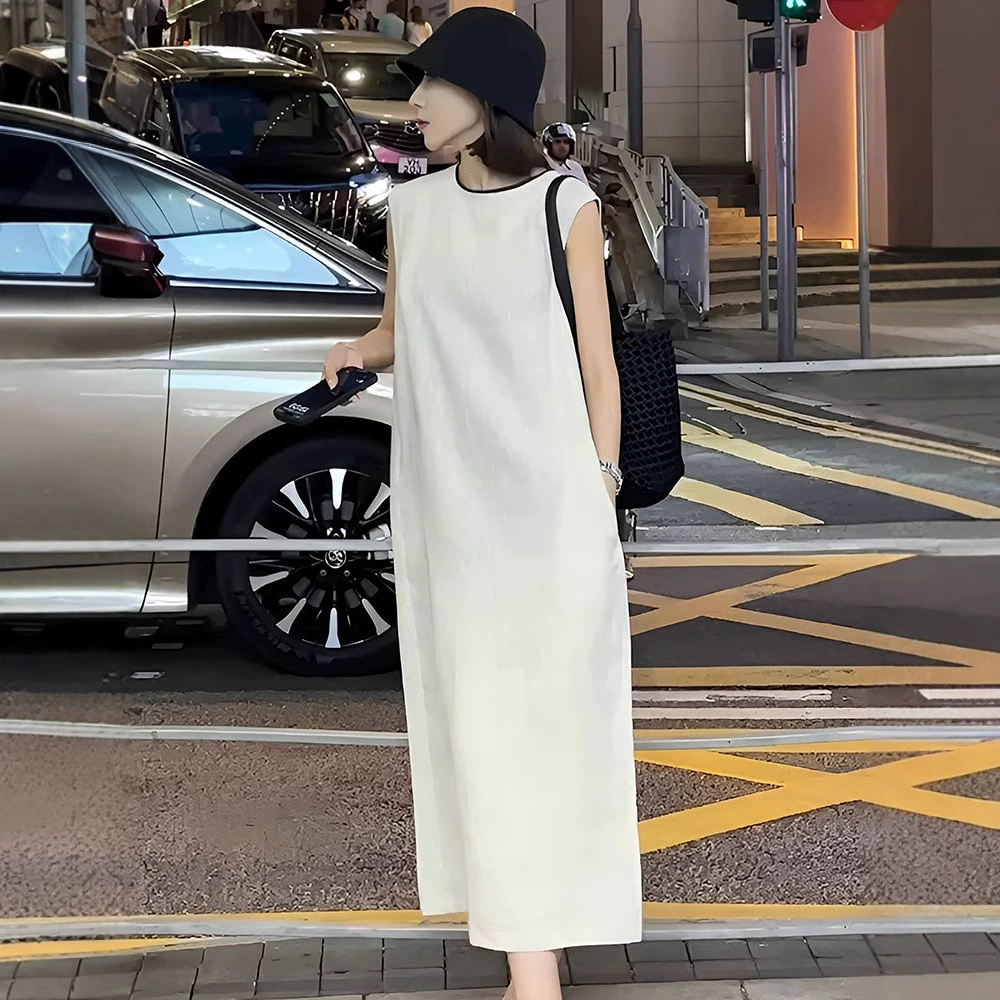 Женское платье-жилет без рукавов с круглым вырезом во французском стиле, новинка 2025 года, летняя свободная утягивающая повседневная длинная юбка