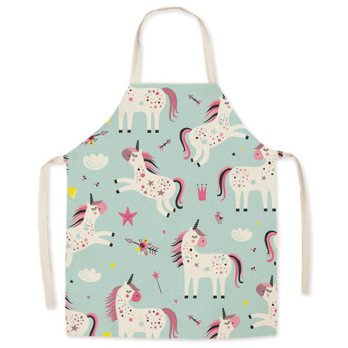 Faux Linen Art Cartoon Unicorn Apron Oil-Proof Waist Apron Parent-Child Kitchen Adult Sleeveless Neck Apron