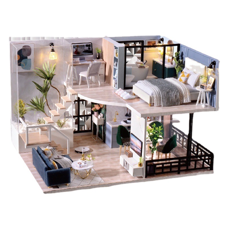 Juguetes para niños, casa de madera hecha a mano, modelo de casa ensamblada, loft, regalo de cumpleaños, modelo de construcción de madera