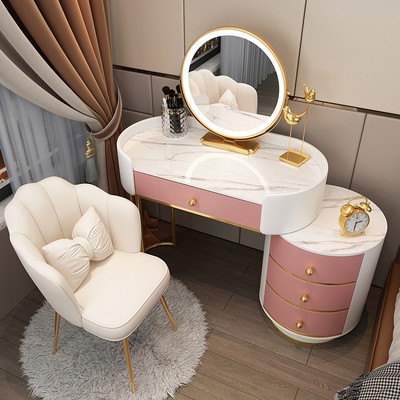 80 화이트 엣지 + 핑크 테이블 + 원형 캐비닛 + 거울 + 꽃잎 의자 화이트 TLMS - 라운드 스타일