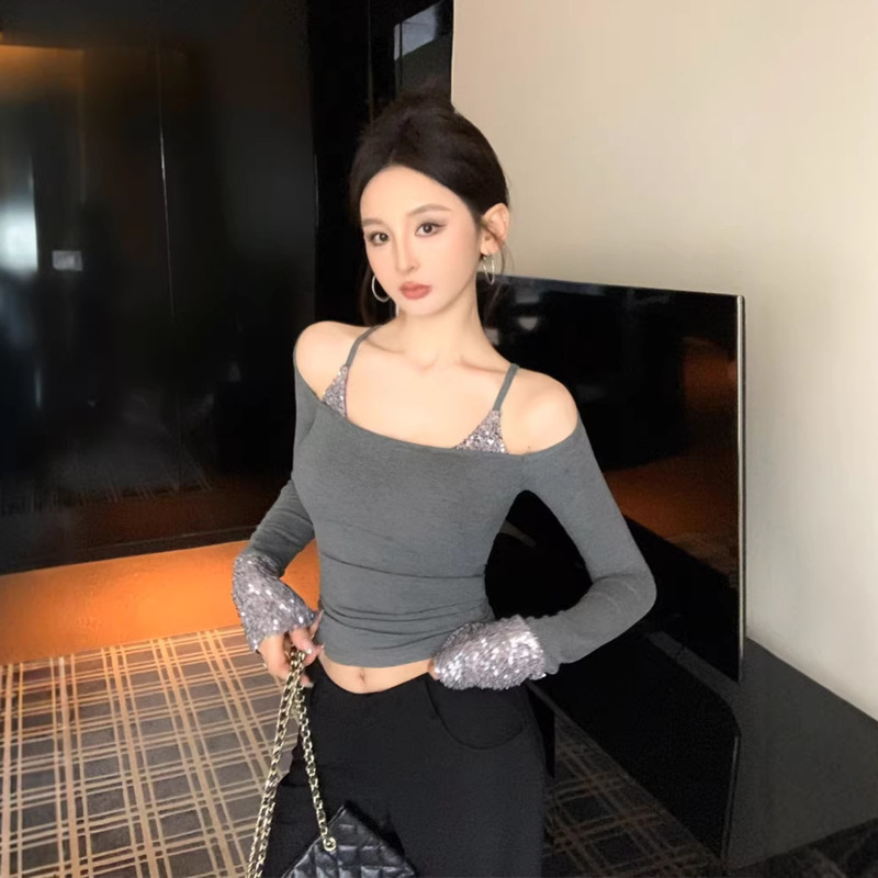 Heavy-Duty Sequin Patchwork Fake Two-Piece Long-Sleeve T-Shirt for Women, Autumn and Winter Off-Shoulder Slim-Fit Spicy Girl Style Gray Base Top Heavy-Duty Sequin Patchwork Fake Two-Piece Long-Sleeve T-Shirt for Women, Autumn and Winter Off-Shoulder Slim-Fit Spicy Girl Style Gray Base Top