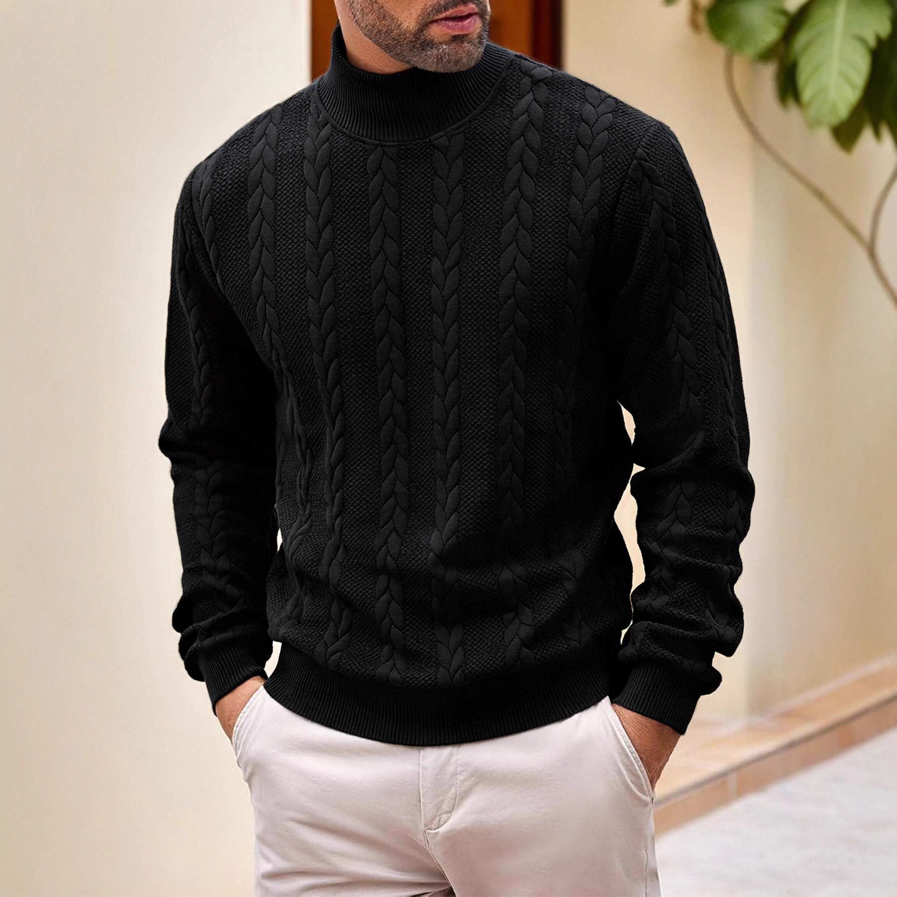 Transfronterizo europeo otoño invierno jersey jersey diario de color sólido joven hombre moda jacquard cuello alto jersey cálido hombre