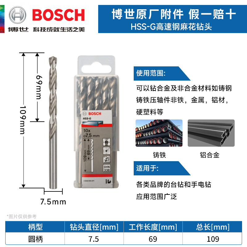 德国博世HSS-G高速钢麻花钻头 金属钻头 7.5mm电钻钻头 麻花钻咀