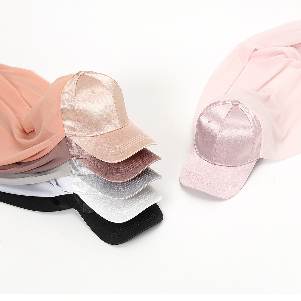 新款时尚套装头巾 跨境纯色珍珠围巾加缎面棒球帽一体2件套帽子女|ru