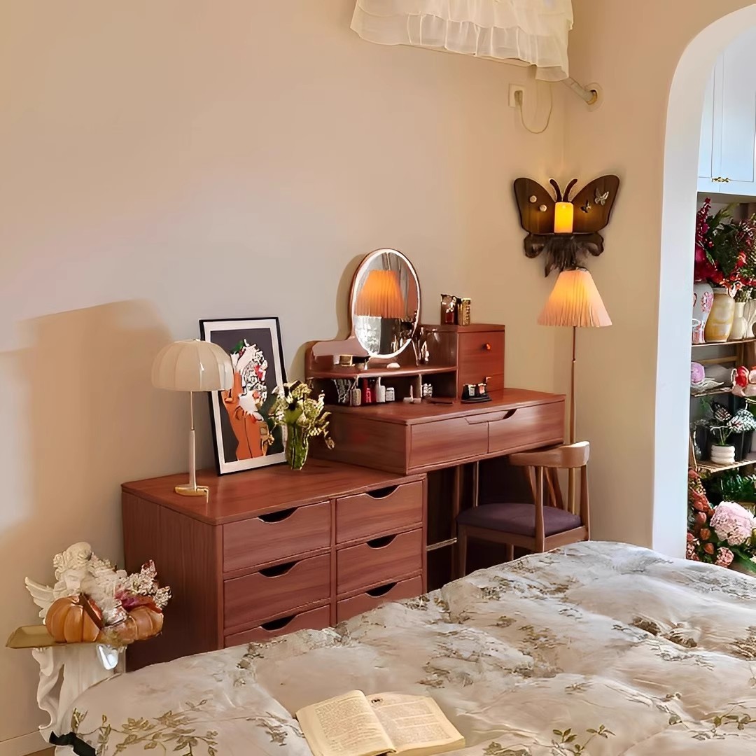 Comodín medieval dormitorio 2025 nuevo estilo moderno simple de alta sensación pequeña mesa de maquillaje espejo maquillaje armario todo en uno