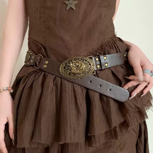 Vintage American Western Cowboy Leather Belt for Women—Versatile Rivet-Decorated Waistband, Trendy Cinch