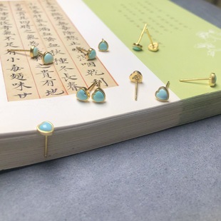 S925 Silver Sterling Silver Plated 24K Real Gold Inlaid with Natural Raw Ore Turquoise Fashion Simple Heart Earrings Female Certificate