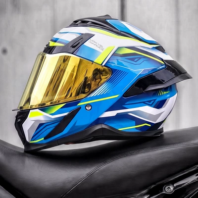 Motosiklet kaskı (dəbilqə) – riding, full-face motorcycle helmet - blue-speed-electronic-gold-plated-mirror-free-transparent-mirror-m55-56cm