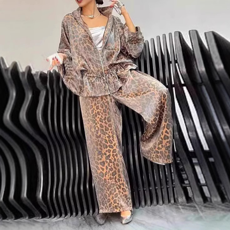 Women's Clothing Autumn Lapel Long Sleeved Leopard Print Casual Suit_voghion.com