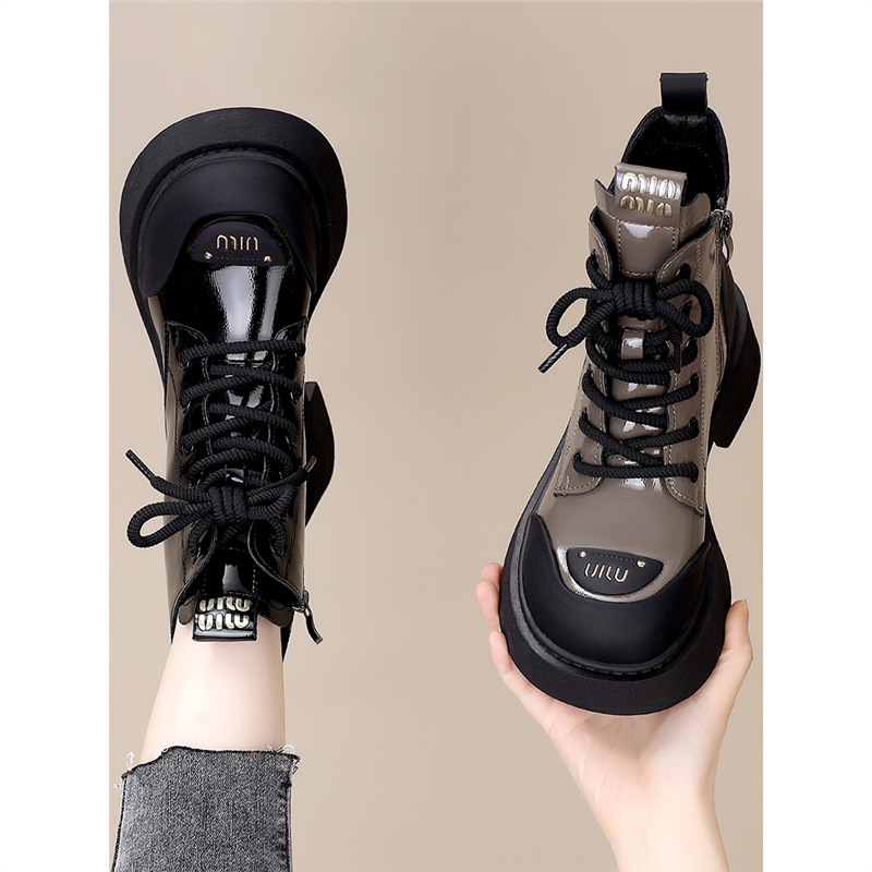 Genuine Leather Thick-Soled Boots for Women 2025 New Spring & Fall Single Boots British Style Hot Style Street Slim Fleece-Lined Short Boots