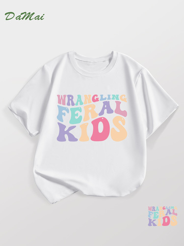 EBAY Girls' Summer Casual Short Sleeve T-Shirt International Children's Day Letter Print Crew Neck Comfortable Children's Clothing