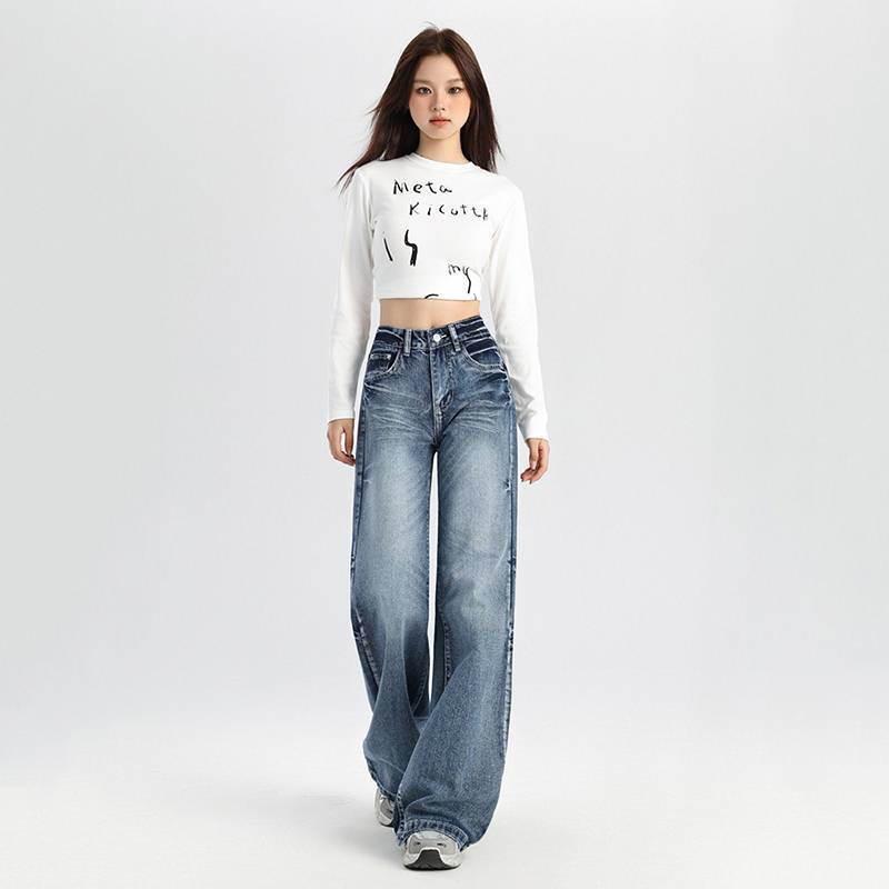 卸売りの復古的な低い腰の小さいラッパのジーパンの女性の秋のひびの跡は水のアメリカのゆったりしているラッパの広い足のズボンを洗います。|undefined
