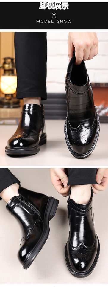 Giày bốt Martin nam da bò thật cổ trung, mũi nhọn, khóa kéo bên hông, gót 3–5 cm — Bốn mùa đen, Lông cừu đen chi tiết 18