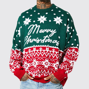 Foreign Trade Cross-border Men's Wear European and American Autumn and Winter Christmas Knitwear Christmas Jacquard Loose Pullover Sweater