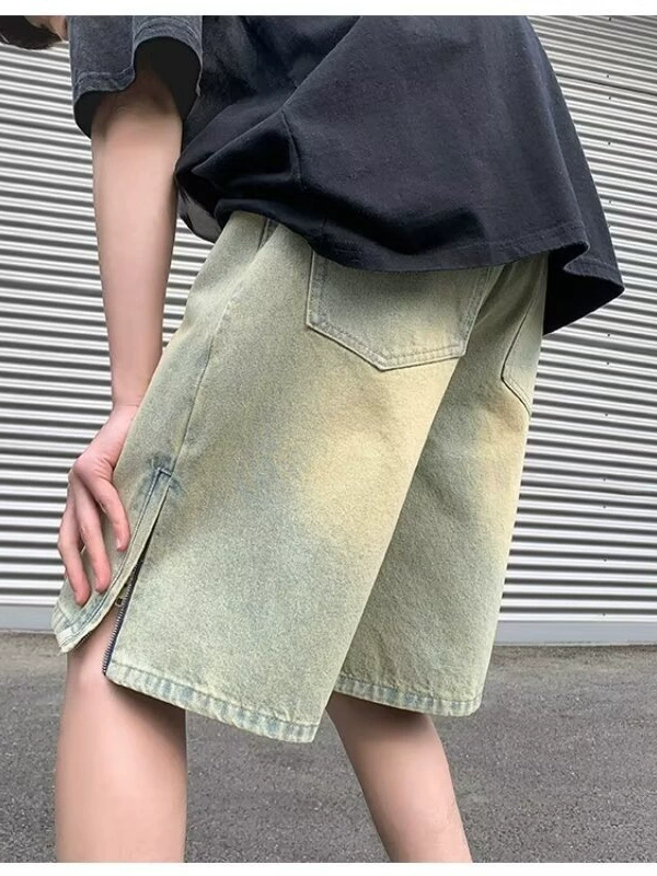 Denim Skort (Tide) with Side Zipper, Oversize Summer Thin Shorts, Yellow