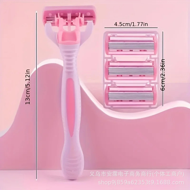 Cross-Border Women's 6-Layer Pink Handle Stainless Steel Shaving Razor Set