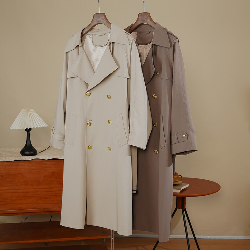 Anfei Oona's New Double-Breasted Trench Coat with Large Lapels, Raglan Sleeves, Waist Belt, Slim Fit, and Drapey Feel, Hepburn Style