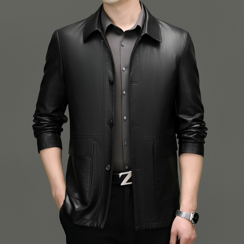 Spring and Autumn New Style Men's Leather Jacket for Middle-Aged and Elderly Men, Business Casual Pu Leather Single Jacket with Lapel Spring and Autumn New Style Men's Leather Jacket for Middle-Aged and Elderly Men, Business Casual Pu Leather Single Jacket with Lapel