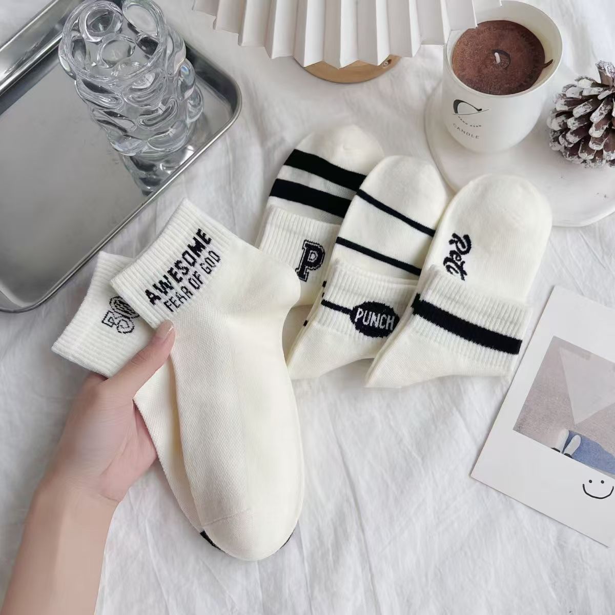 Calcetines de hilo de punteado de colores, calcetines de mujer, algodón fino de verano, calcetines bajos con bordado de cachorro lindo japonés de moda