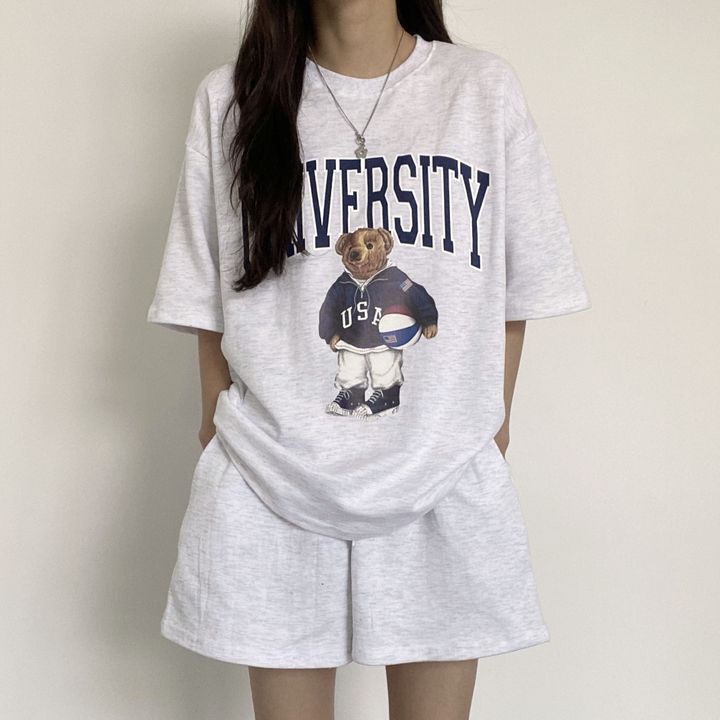 3-Color Mid-Length Two-Piece Suit for Women Plus Size Korean Style Summer Fashion Casual Sportswear Cartoon Short-Sleeved Shorts for Women