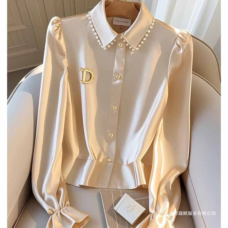 Chanel-Style Champagne-Colored Satin Long-Sleeve Shirt for Women, Stylish and Chic Autumn Top with a Flattering Waist