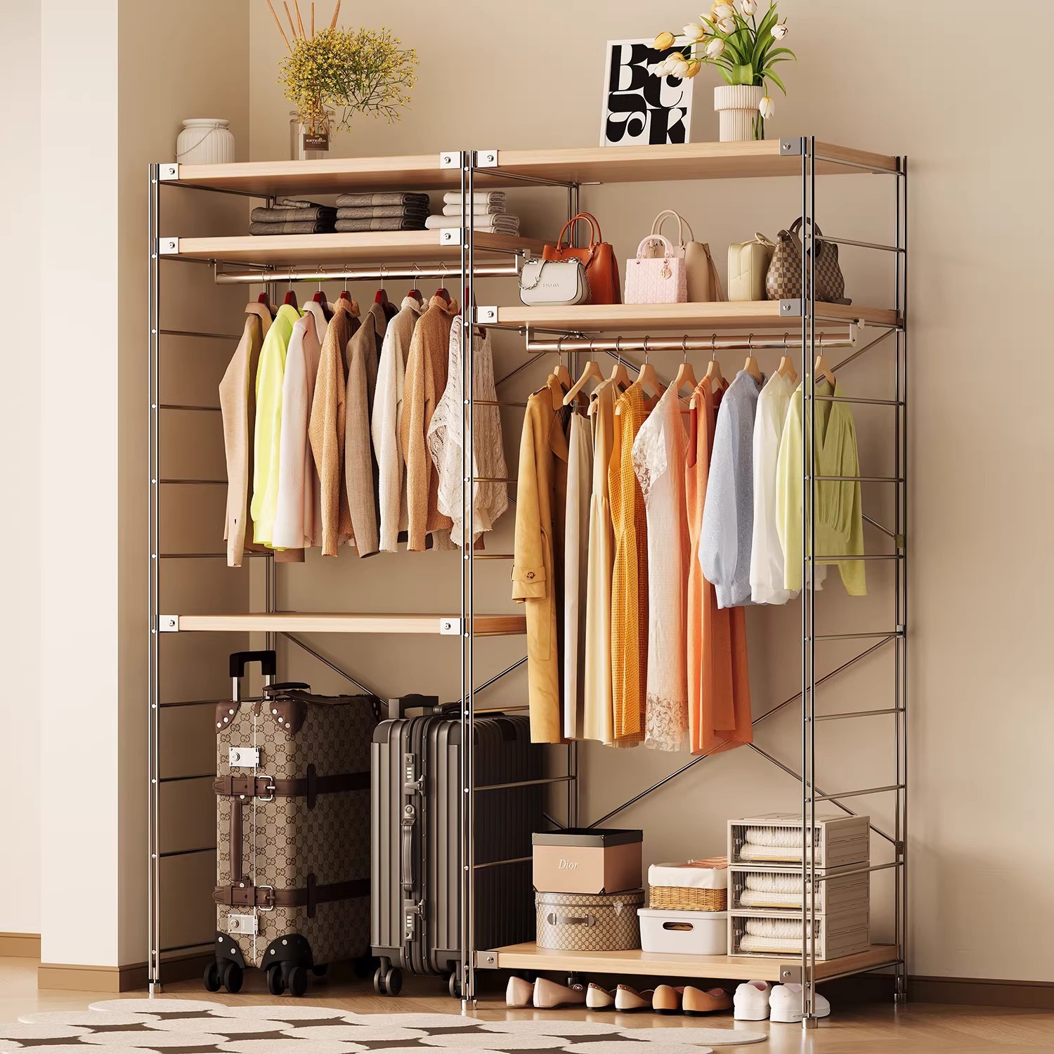 Percha de ropa japonesa para dormitorios abiertos domésticos en una pared de almacenamiento multicapa para colgar ropa estante