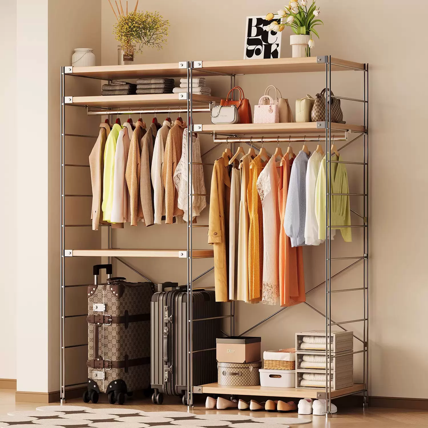 恪真日式衣架落地卧室家用开放式衣柜一体靠墙多层收纳挂衣置物架