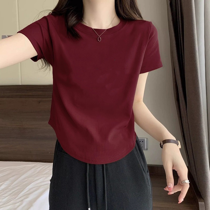 Right Shoulder Pure Cotton Short-Sleeved T-Shirt for Women 2023 Summer New Loose Inner Versatile Slimming Look Round Neck T-Shirt Top