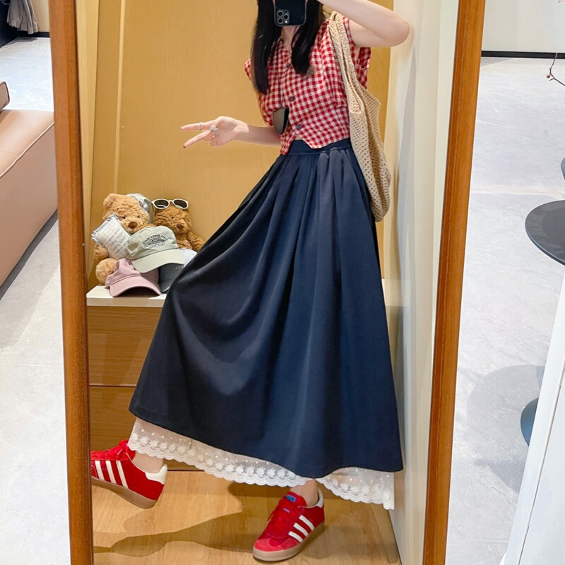 French-Style White Petticoat with Sweet Lace, Summer A-Line Patchwork Flared Skirt, Versatile Lace Slimming Long Skirt