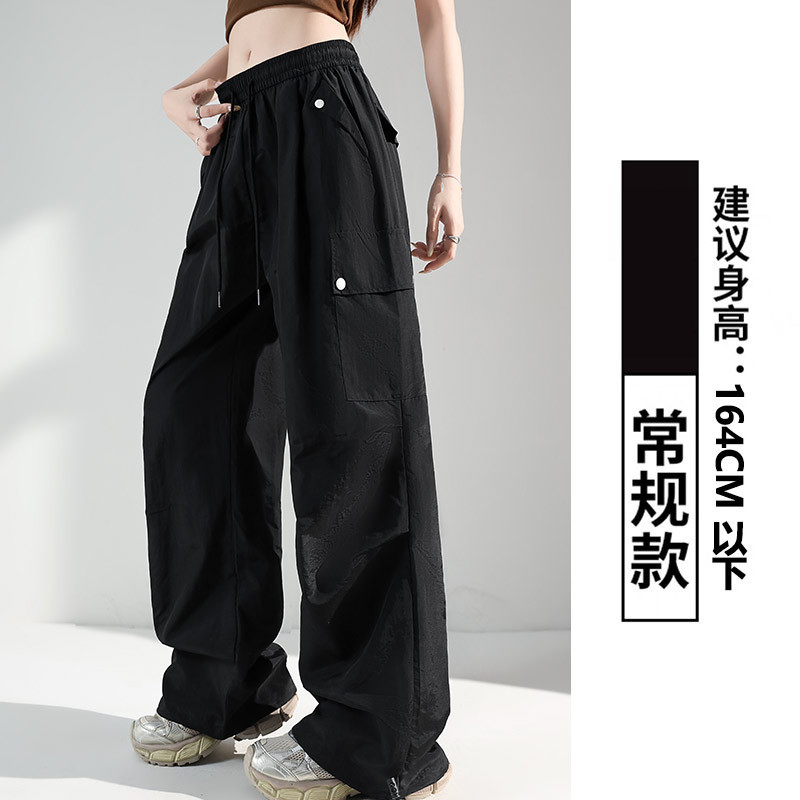 黒のレトロなバックル付きオーバーオール女性の夏薄いハイウエストスリムストレートプリーツバイブスタイルアメリカンワイドレッグパンツ|undefined