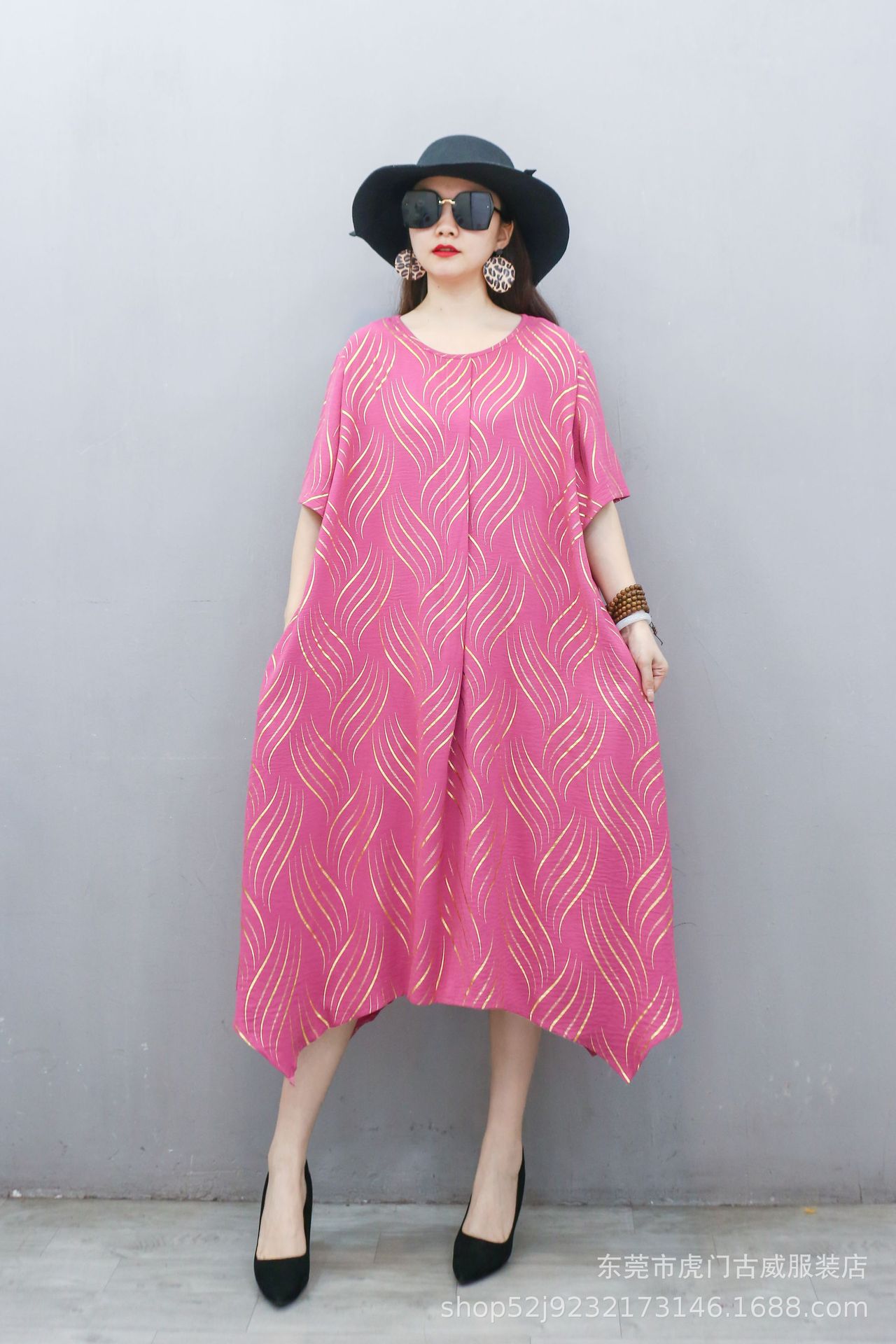 Comercio exterior transfronterizo vestido de gran tamaño suelto literatura de verano vestido irregular cuello redondo mangas cortas vestido de mujer gorda de edad media image 8