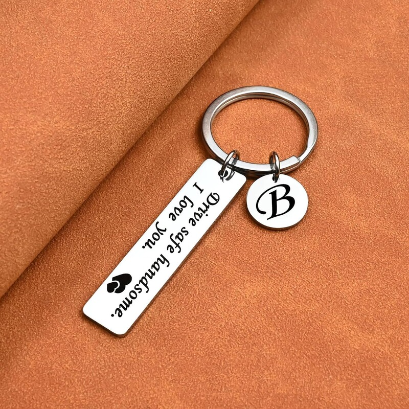 Cross-Border Amazon Hot-Selling Safe Driving Engraved 26-Letter Small Round Tag Pendant Stainless Steel Keychain