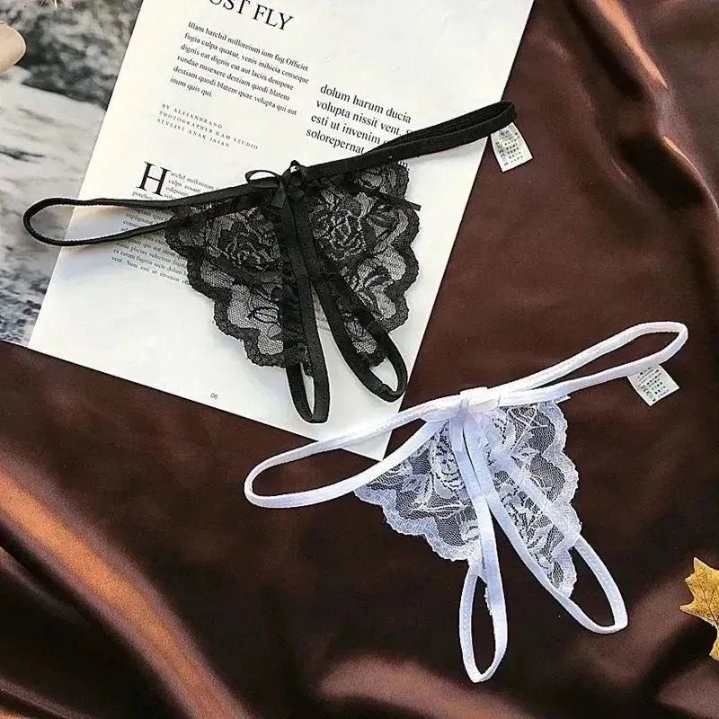 Open-Crotch Lace Thong Panties, Sheer Polyester Women’s Lingerie, One Size Pink — detail image 11