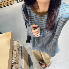 MISSMAR 蓝黄撞色条纹长袖T恤女秋季韩系慵懒宽松休闲针织打底衫