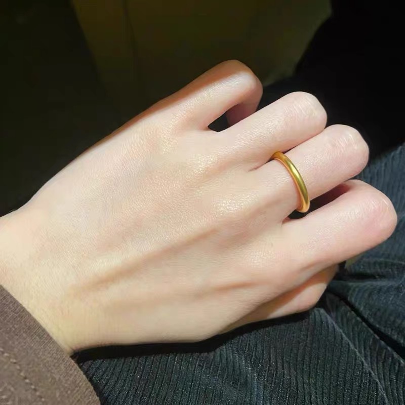 古法素圈戒指女磨砂实心仿真黄金不掉色指环小众设计感潮复古