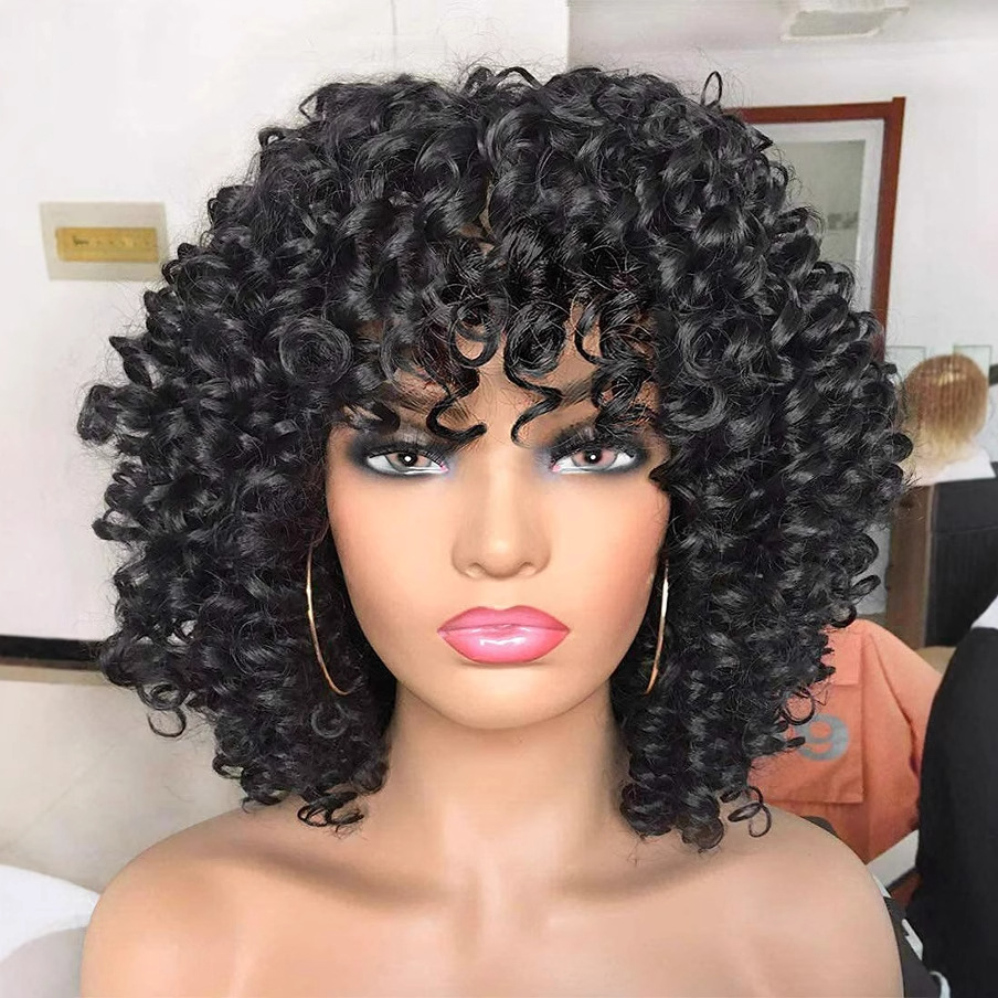 Peluca europea y americana transfronteriza peluca femenina fábrica al por mayor Africana pequeña cabeza de explosión de pelo rizado multicolor Peluca de fibra química cubierta de la cabeza completa