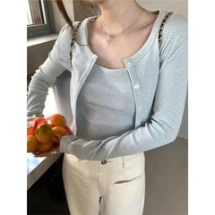 韩版气质减龄条纹长袖开衫吊带背心两件套女2025夏季新款通勤套装