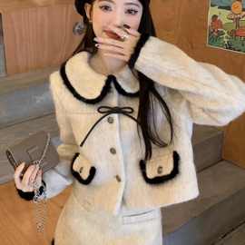 秋冬新款撞色高级感小香风娃娃领套装女韩系毛呢外套半身裙两件套