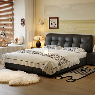 Trendy Puff Leather Bed Retro High-End Elegant Full-Length Master Bedroom Bed 1.8m Home Soft Double Bed