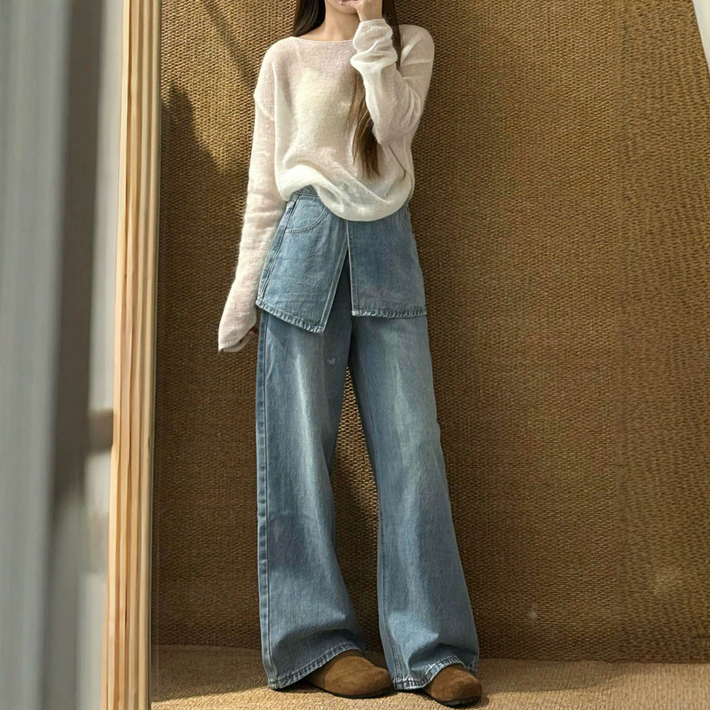 Spring Outfit Set for Plus-Size Women: Thin Knit Sweater with a Cover-Up, Jeans, Korean-Style Relaxed and Stylish Set for Women