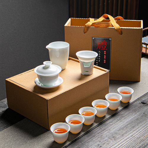 Dehua white porcelain tea set complete set of ceramic Kung Fu bowl set practical tea set business gift customized logo wholesale