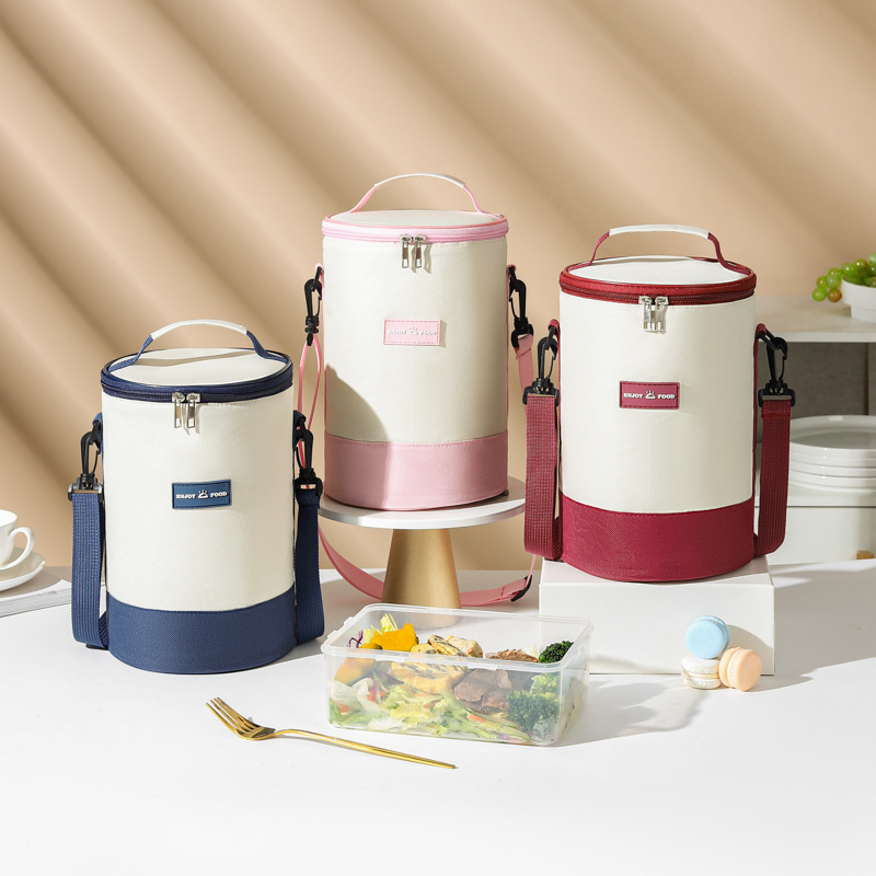 Bolsa de lonchera de barril redondo de alto valor Bolsa bento portátil Bolsa de aislamiento de mensajero a juego de color Bolsa de almuerzo para el trabajo y la escuela