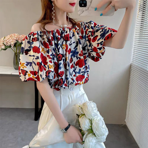 One-line collar floral chiffon shirt women's short-sleeved summer age-reducing and slimming top off-shoulder puff-sleeved shirt with wide sleeves