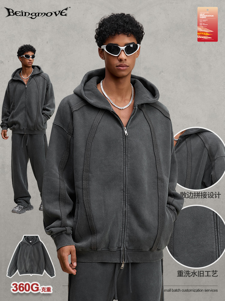 Calle seca de otoño de 2025 marca de moda americana retro frita copo de nieve con cremallera cardigan suelto con capuz para hombre