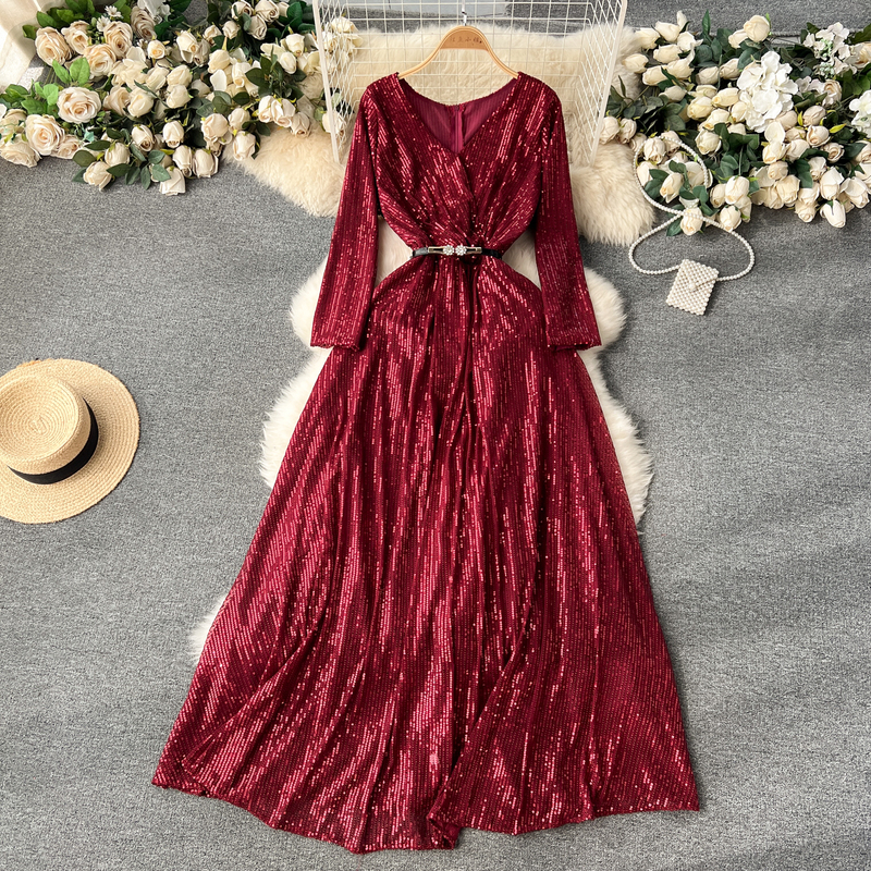 Goddess fan Yujie high-grade sequined dress women's niche chic waist slimming elegant long dress skirt