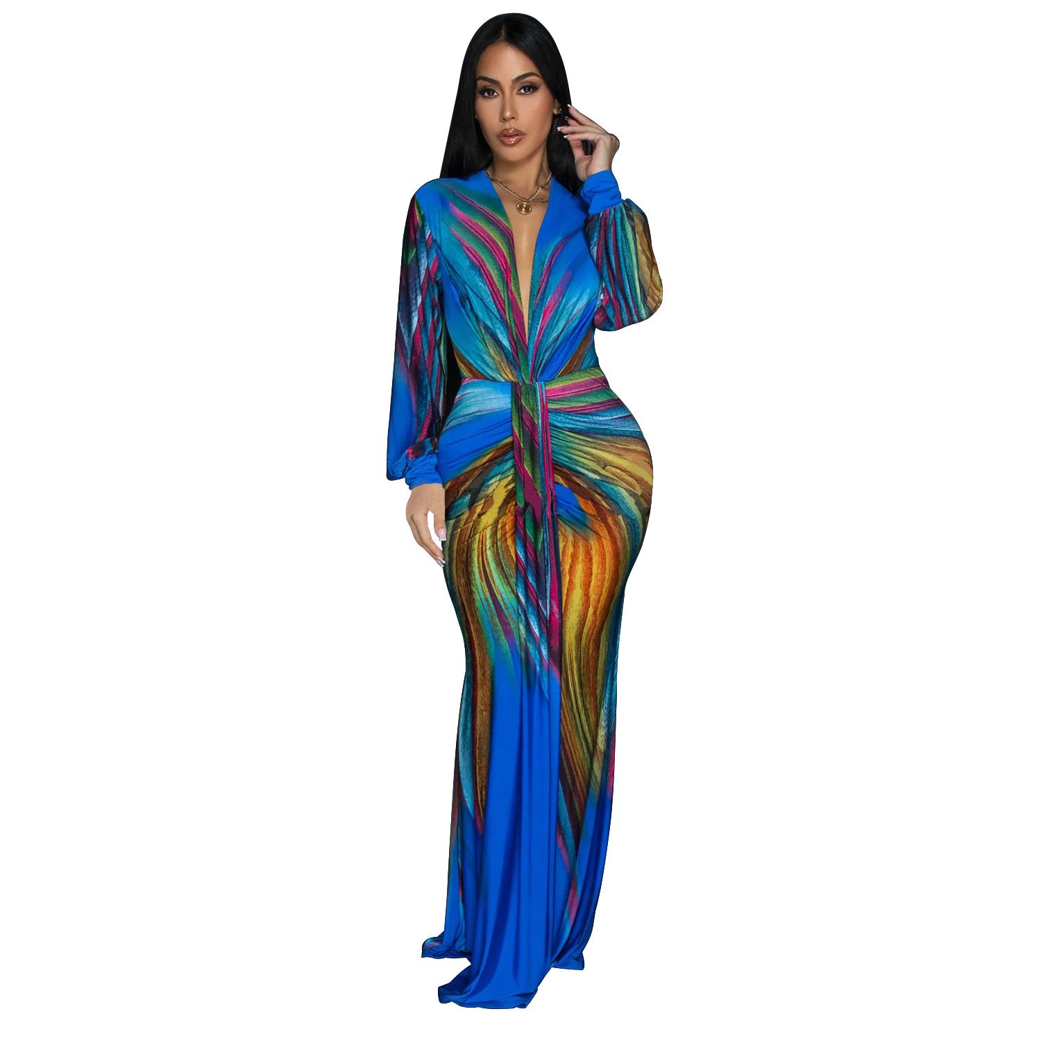 C6952 AliExpress transfronterizo Amazon estación independiente de moda europea y americana ropa de mujer de color plegado vestido casual largo image 7