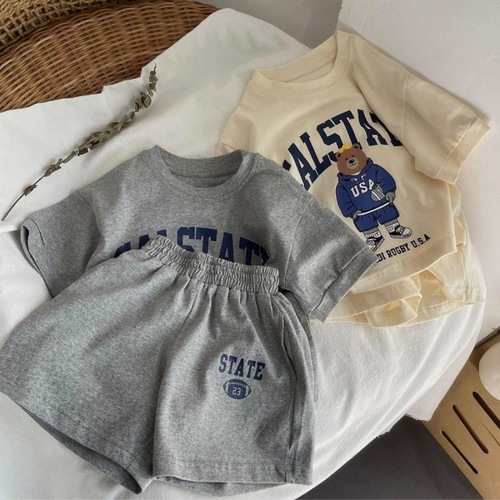 Male and female baby set 2024 new summer style small and medium-sized bear cartoon style thin casual sports two-piece set