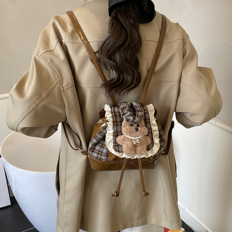 2025 nueva simple mochila infantil a cuadros coreana encaje a cuadros lindo oso mochila bebé